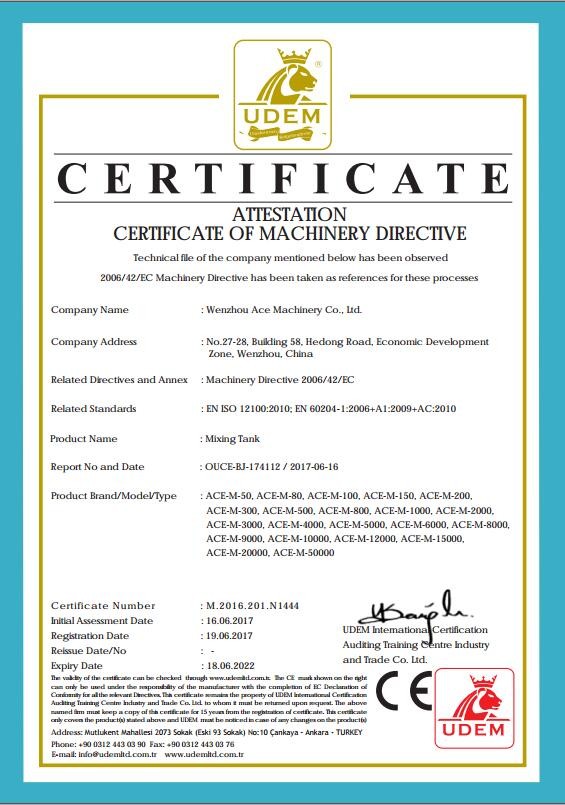 Wenzhou Ace Machienry Co., LTD Certifications