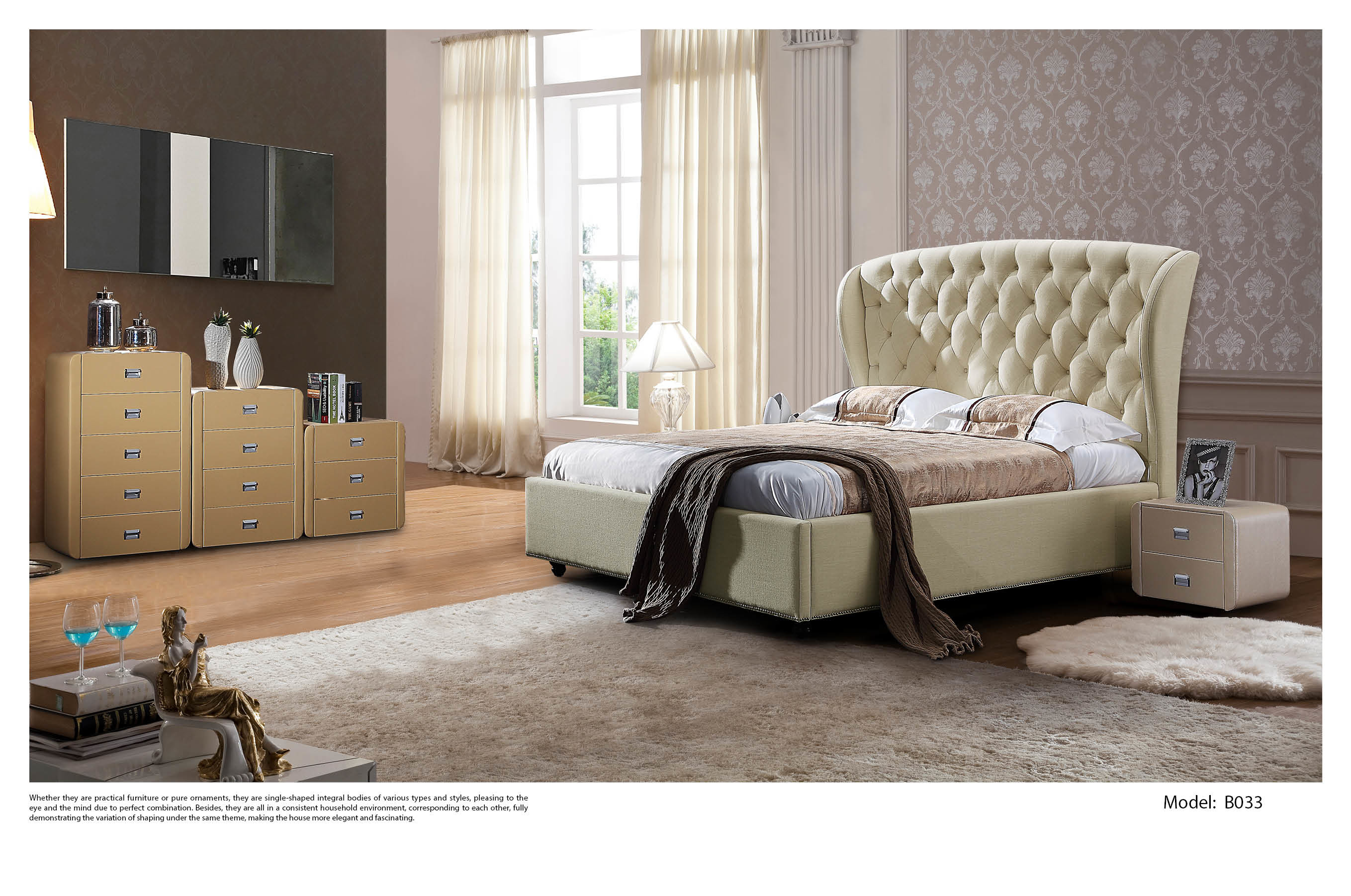 Full Size Linen Fabric Bed , Beige Upholstered King Bed Modern Design