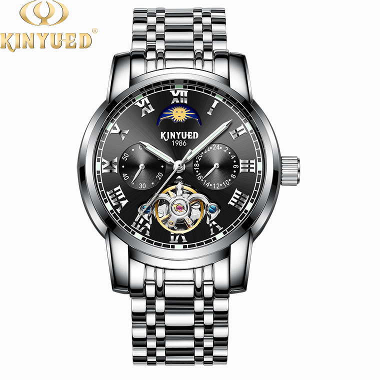 KINYUED Luminous clock hands man stainless steel wristwatches automatic tourbillon movement