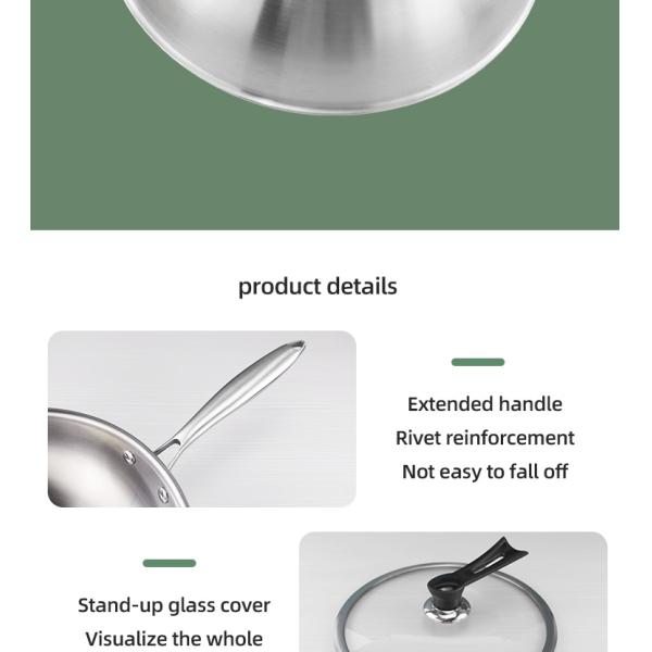 Customized Kitchen 18/8 Stainless Steel Wok Tri-ply Non-stick Frying Pan Honeycomb Wok With Glass Lid