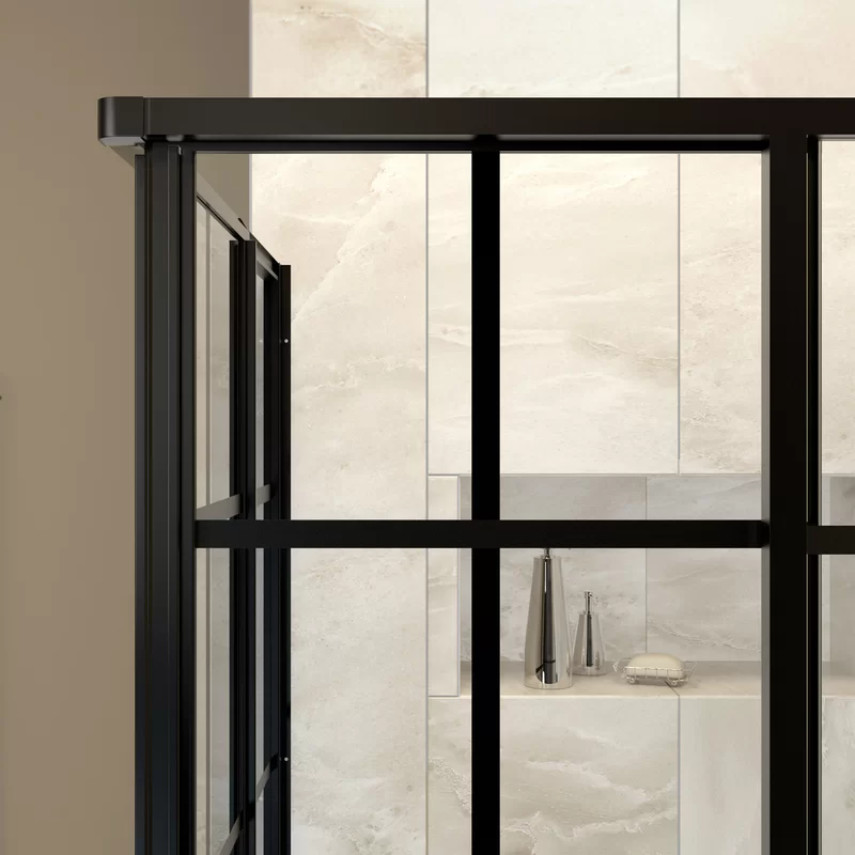 Corner 3 Panel Sliding Tempered Glass Wall With Black Framed Silk Pringint