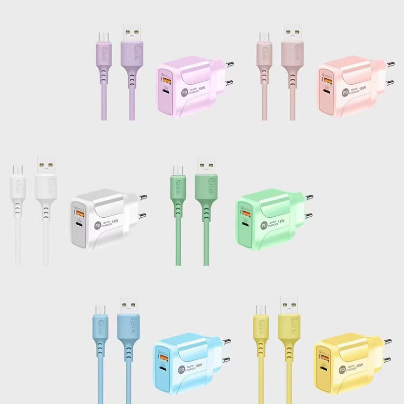 2 In 1 Macaron Travel Phone Charger QC3.0 With USB Data Cable