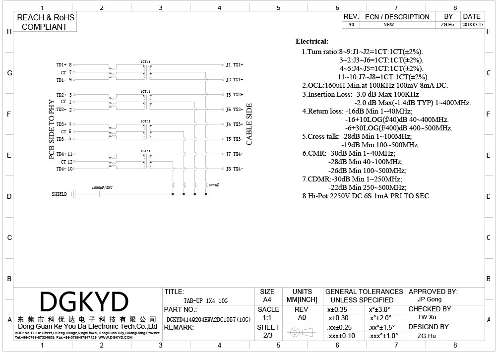 TAB UP Shielded 1X4 10G RJ45 Ethernet Connector