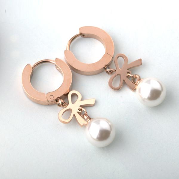 Rose Gold Pearl Stud Earrings with stainless steel materials, Bowknot TasselsPea