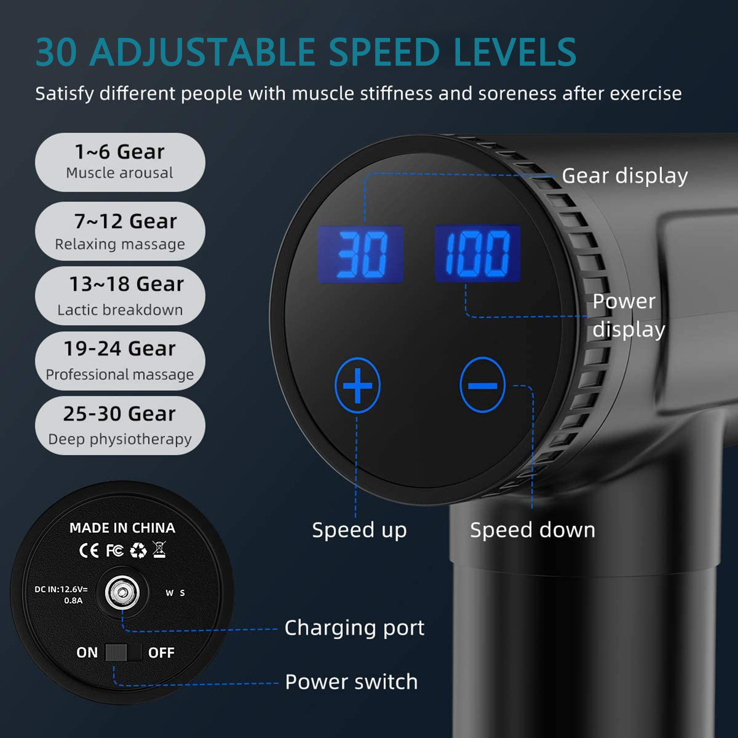 Rechargeable Hand Held Deep Tissue Massager Handheld Gun 30 Speeds 3200rpm