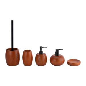 Wholesale Brown Ashwood Bathroom Countertop Accessories Round Shape Black Pump Toothbrush Cup Bathroom Kits Soap Dispenser from china suppliers