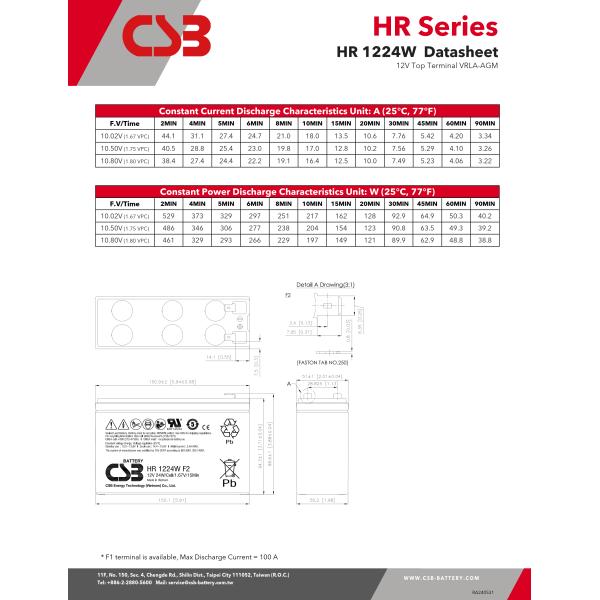 CSB Battery HR1224W 12V 24W 6Ah High Performance Rechargeable Maintenance-Free Lead Acid Battery 12V 6Ah