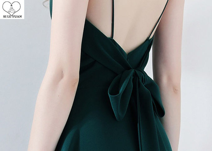 Dark Green Sleeveless Backless Prom Dress Polyester Fabric Back Bow Short Length