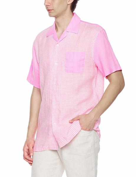 100% Linen Camp Collar Business Mens Casual Short Sleeve Shirts Contrast Check