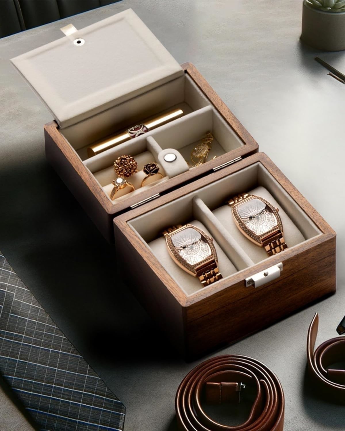 Watch Box, Watch Travel Case For Men, Wood Watch And Jewelry Holder Organizer For Woman, Portable Protection 2-Slot Watc
