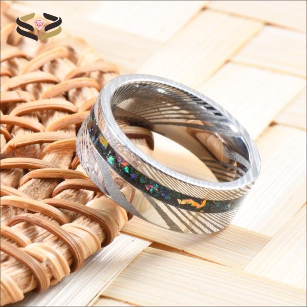Galaxy Opal Silver Damascus Wedding Band custom Logo 8mm For Men