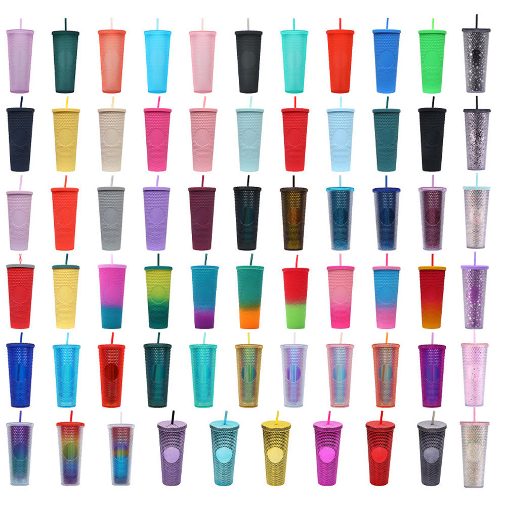 Studded Tumbler With Straw Tumblers With Lids And Straws Pink Tumbler With Straw Textured Cup BPA-Free Double-Wall Plastic Tumblers For Iced Coffee