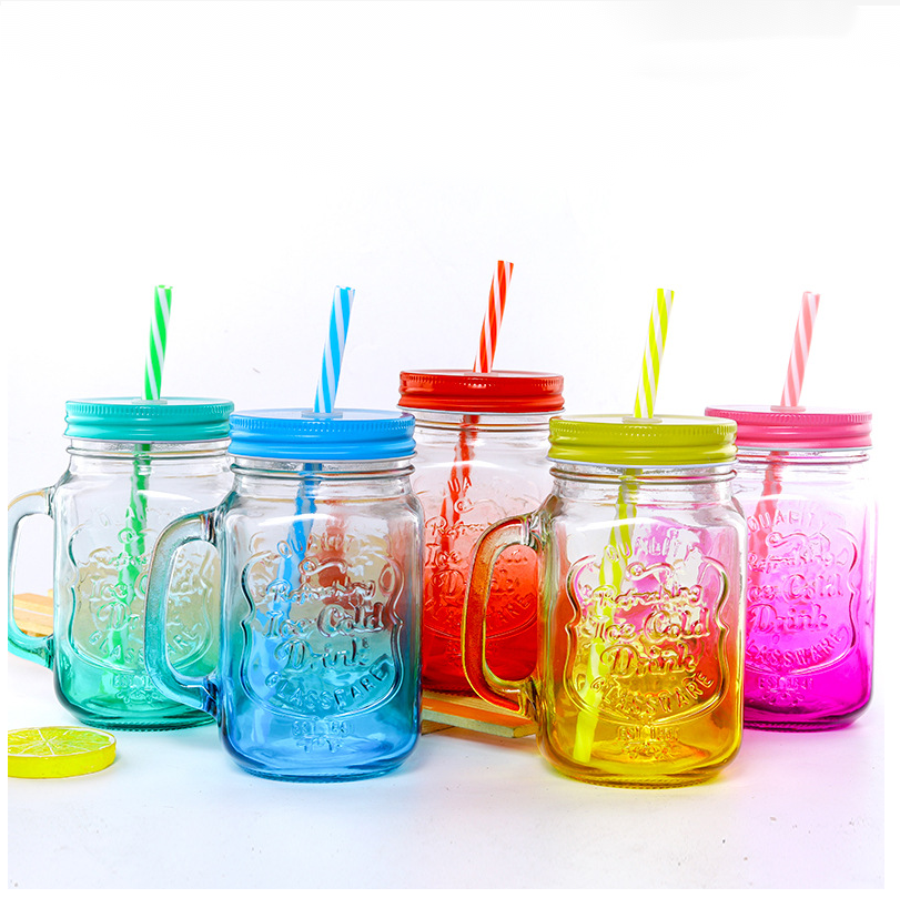 Custom Design Logo embossed colored juice drink glass mason jar with handle and lid
