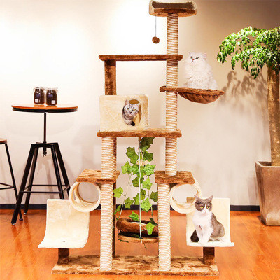 Plate / Fur Material Modern Cat Tree , Cat Scratch Tower Luxurious With Swing