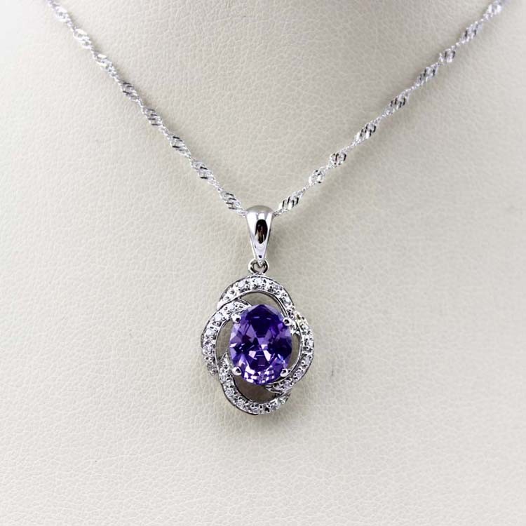 925 Silver Pendant Necklace 7x9mm Oval Lavender Amethyst Cubic Zirconia (PSJ030)