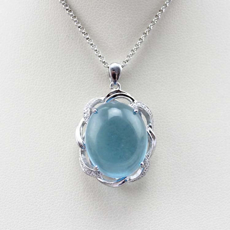 Women Fashion Jewelry Oval Dome Blue Topaz Cubic Zircon 925 Silver Pendant Necklace (P42)