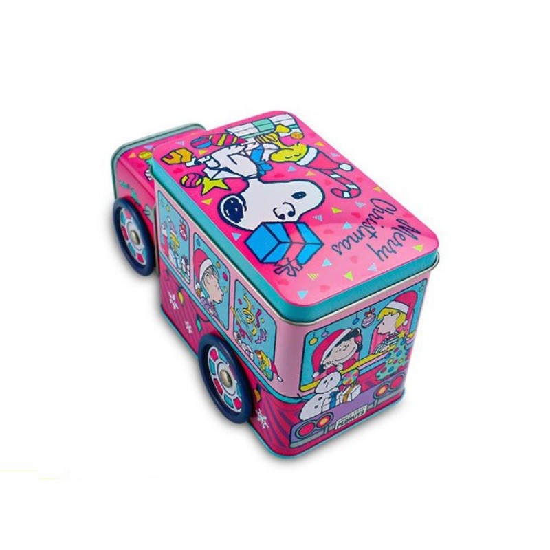 Custom Rectangular Biscuit Candy Promotion Gift Packaging Bus Shape Tin with Wheel