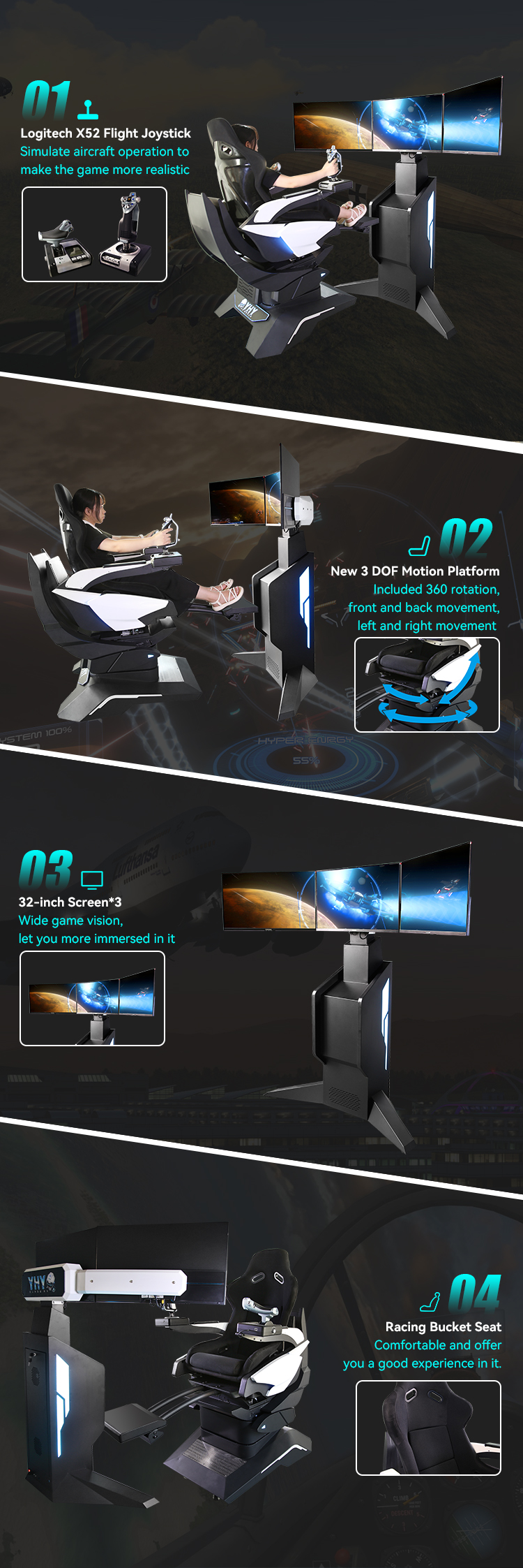 1100W VR Flight Simulators 3 Axis Dynamic Platform 360 Rotate Chair With Joystick Stick Game