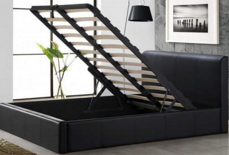 High Headboard Synthetic Leather Bed Full Size Gas Lift Storage Bed