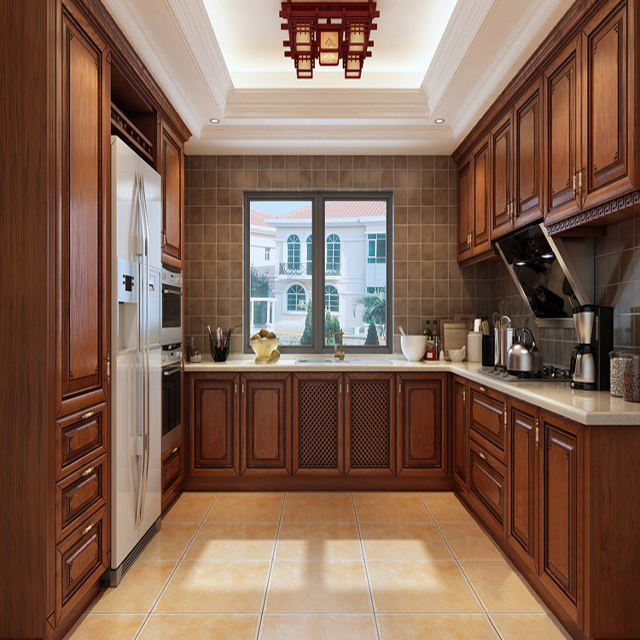 Solid Wood European Kitchen Cabinets with Custom-made Design and Flat Edge Countertop