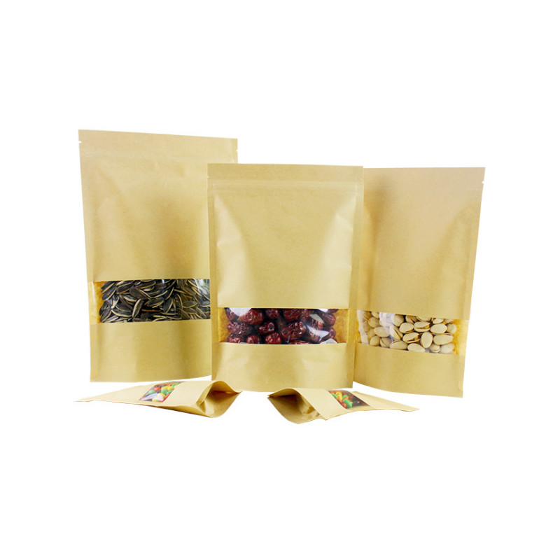 Food Grade Kraft Paper Stand Up Zipper Pouches With Clear Window For Food Packaging