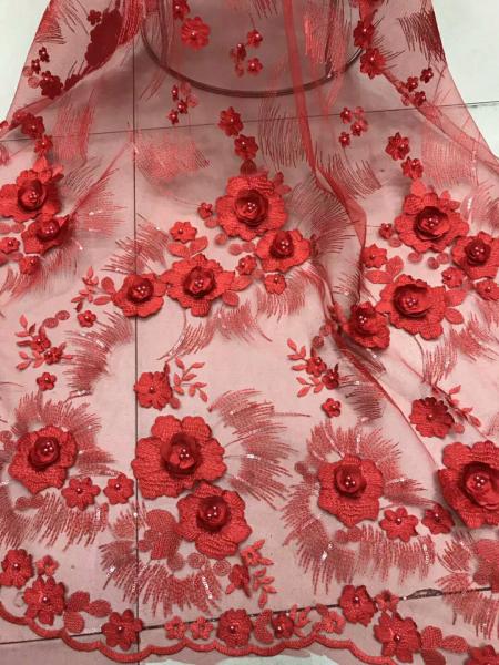 Quality Red 3D Flower Embroidered Tulle Lace Fabric / Wedding Dresses Sequins Beaded Lace for sale