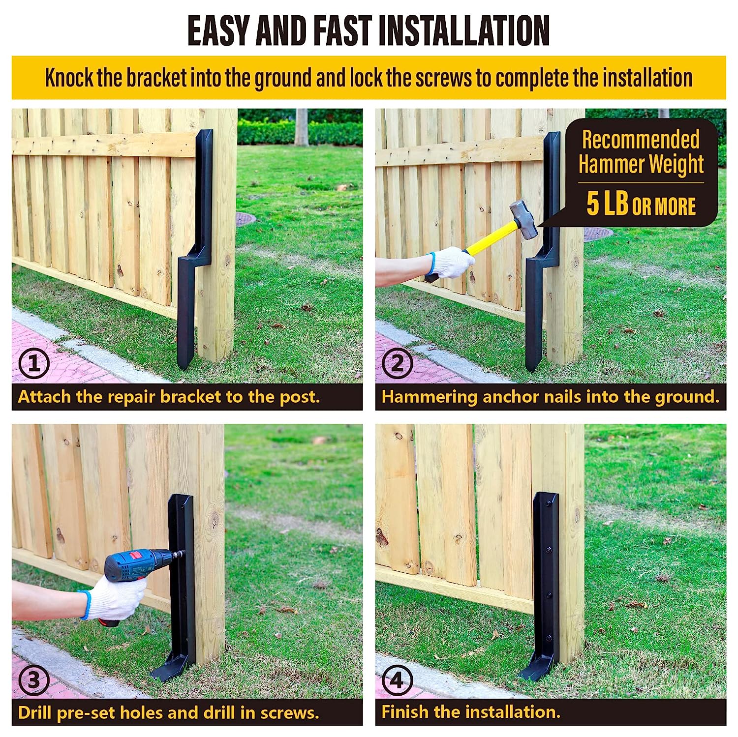 2mm Thick Steel Fence Post Repair Anchor for Repairing Tilted/Broken Wood Fence Post