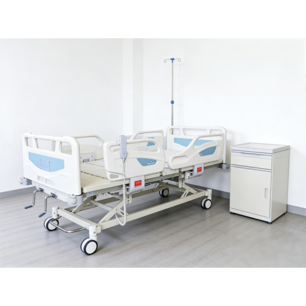 Close-up view of DH-II-C Electric Bed guardrail system with angle display