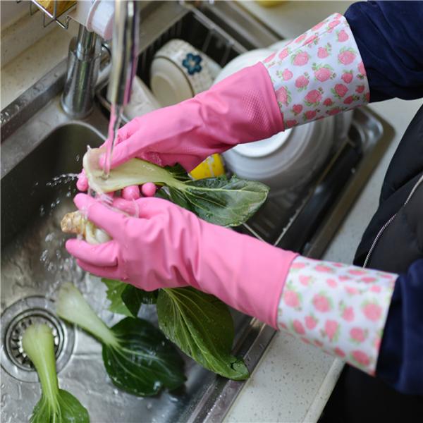 For Houseohld Cleaning Pink Extra Long Sleeve Rubber Gloves With Beautiful
