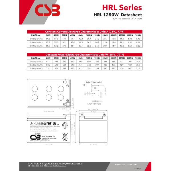 CSB Battery HRL1250W 12V 50W High Performance Rechargeable Lead-Acid Dry Gel Batteries for Electric Power