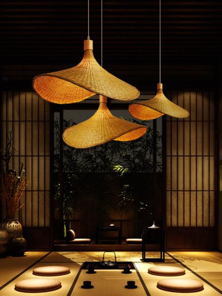 Wooden Weaving Bamboo Pendant lights Handmade Bamboo Straw hat retro Chandelier