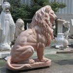 Red Marble Entrance Lion Statues Life Size Animal Sculpture Stone Carving Large