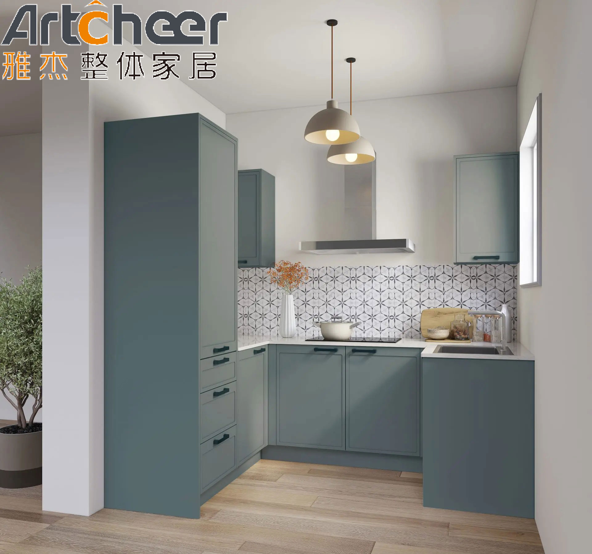 Blue Color Finish U Shape Kitchen Cabinet with End Solid Wood Design and Toe Kick Accessories