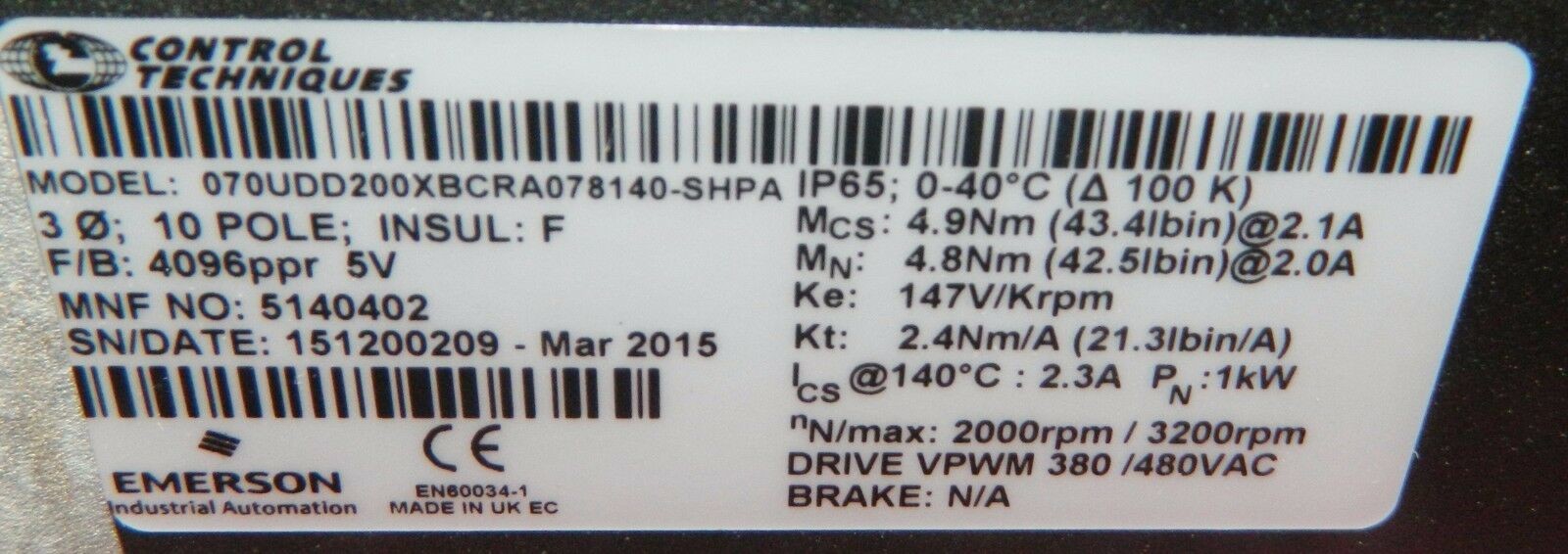 070UDD200XBCRA078140-SHPA new original, black is main color,Control Techniques Emerson Unimotor Servo Motor.