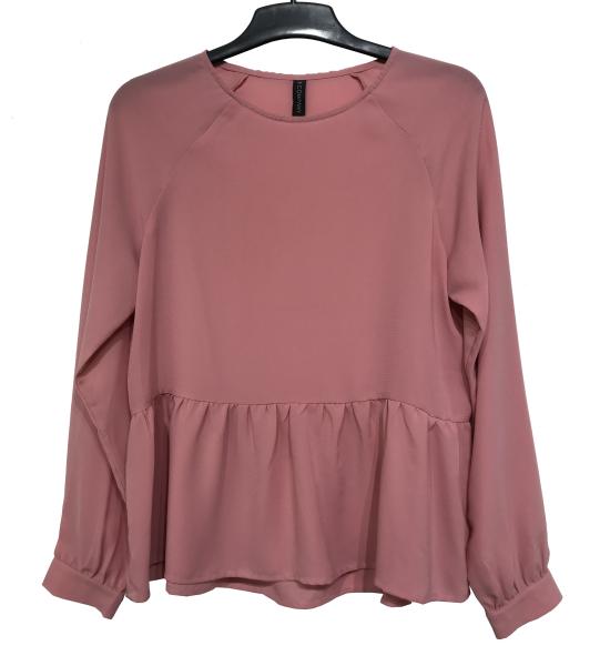 autumn season Pleated Bottom Long Sleeve Round Collar Blouse Rose Color