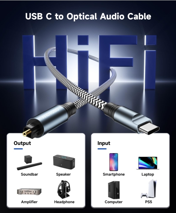 Customizable Lengths and Jacket Types Available for TOSLINK Optical Audio Adapter for USB-C Devices