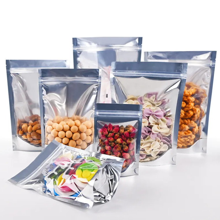 New Transparent PE Plastic Stand-Up Zipper Bag With Silver Gravure Printing Food Packaging For Sugar And Jelly
