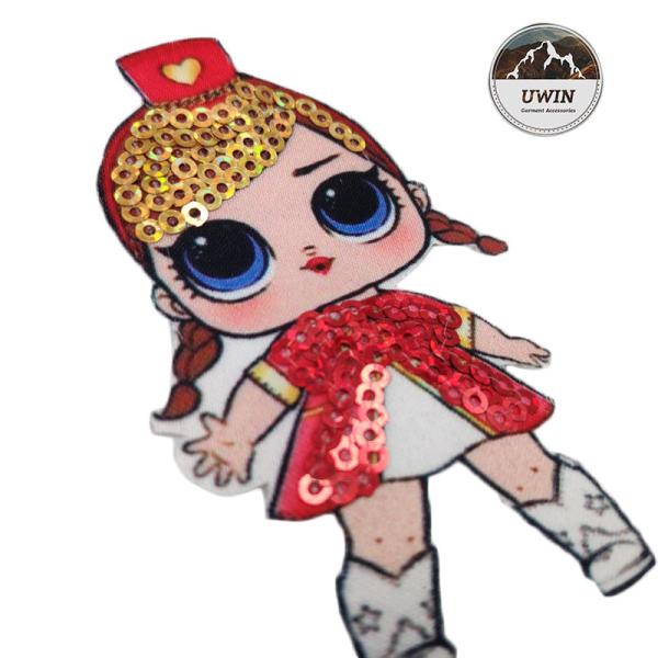Durable LOL Doll Custom Woven Patches Sequin Material With Iron / Sewon Backing