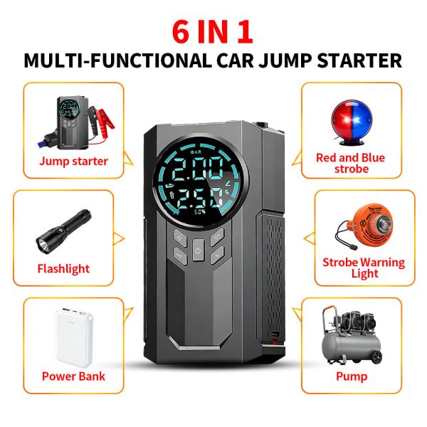 Multi Function Jump Starter Pack With Tyre Inflator 150 PSI Mini Car Air Pump Compressor Tire Pump