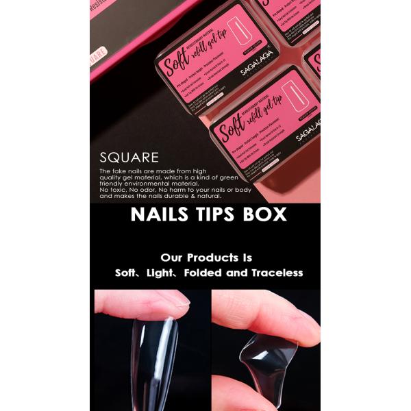 MSDS Certified Clear Refill Coffin Nails Stiletto Soft Gel Nail Tip Short Almond X Nail Extension Tips Full Cover in 500pcs Pink Box Packaging