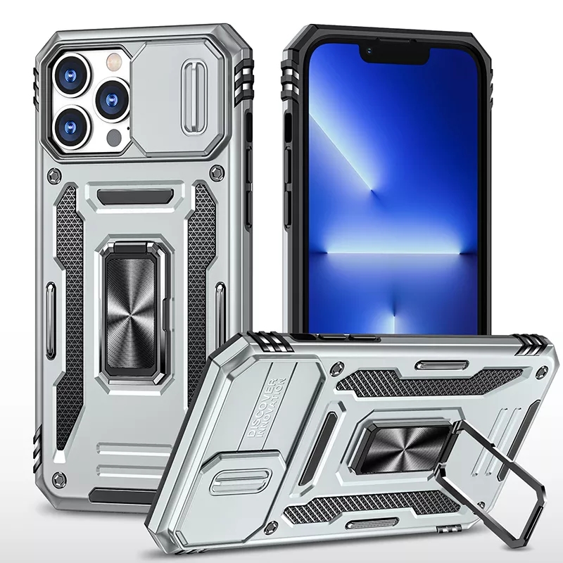 Kickstand Slide Camera Antishock Phone Back Cover For Iphone 13 14 Pro Max Phone Case With Ring Holder Lens Cover
