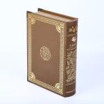 Embossing Wooden Book Shaped Gift Box Leather Wrapping Surface Round Spine 3D