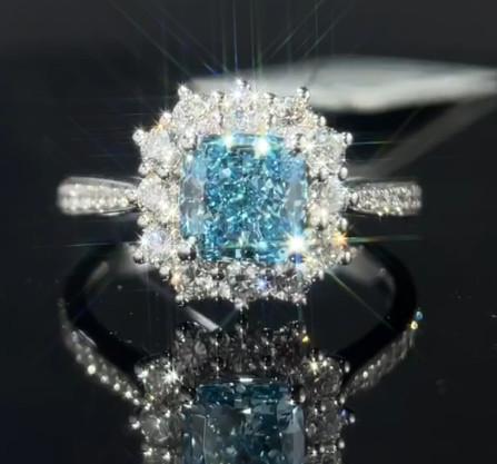 Blue Lab Grown Diamond Rings 1.29ct Cushion Cut Synthetic Diamond Gift Ring For