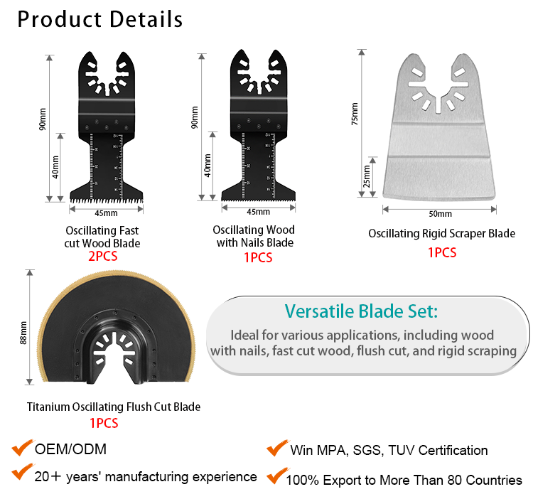 5 Piece Oscillating Tool Blades Kit For Wood With Nails Fast Cut Wood Flush Cut And Rigid Scraper