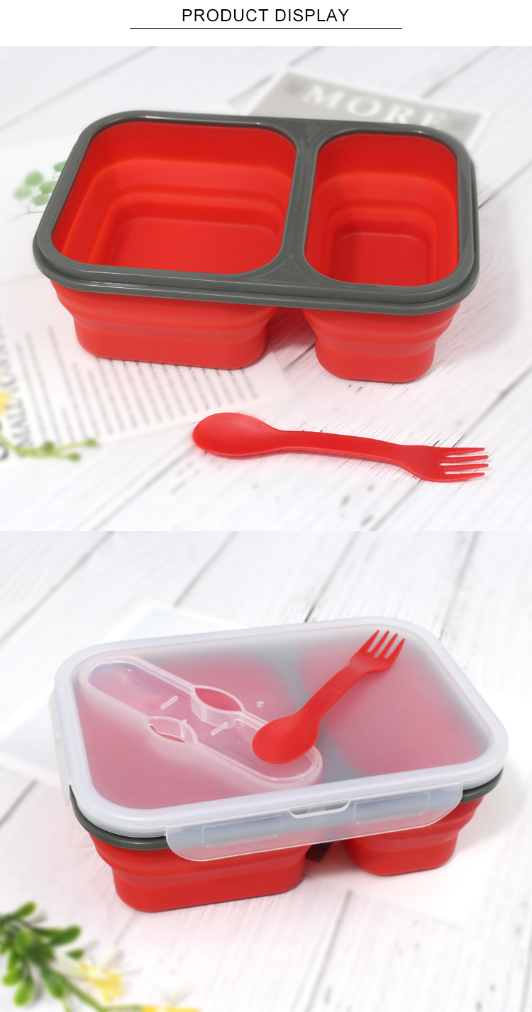 Collapsible Silicone Bento Food Container Microwavable With 2 Compartments
