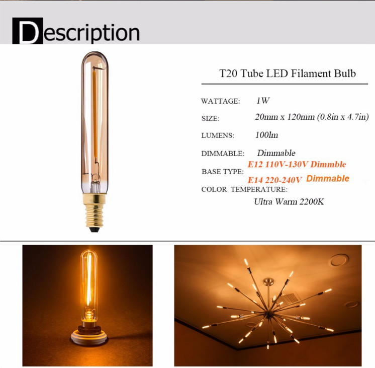 Retro Edison LED Filament Bulbs T20 1W 2W Decorative Vintage Tubular Light Bulbs 20*120mm