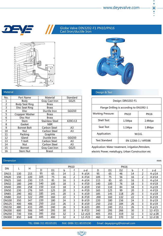 DIN PN10 PN16 Water Valve Cast Ductile Iron Globe Valves With Brass Or Bronze Seat