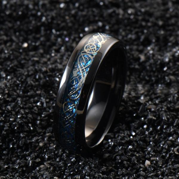 Dome Black Ceramic Wedding Band 6mm Blue Carbon Fiber And Dragon Inlayed Polished