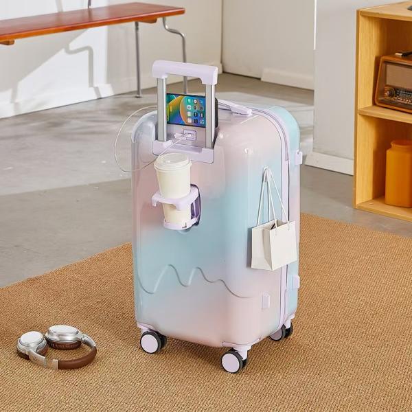 Zipper Closure Luggage Ice-Cream Series with USB Cup Holder Hard Shell Suitcase 210D Polyester Lining Multi-Functional