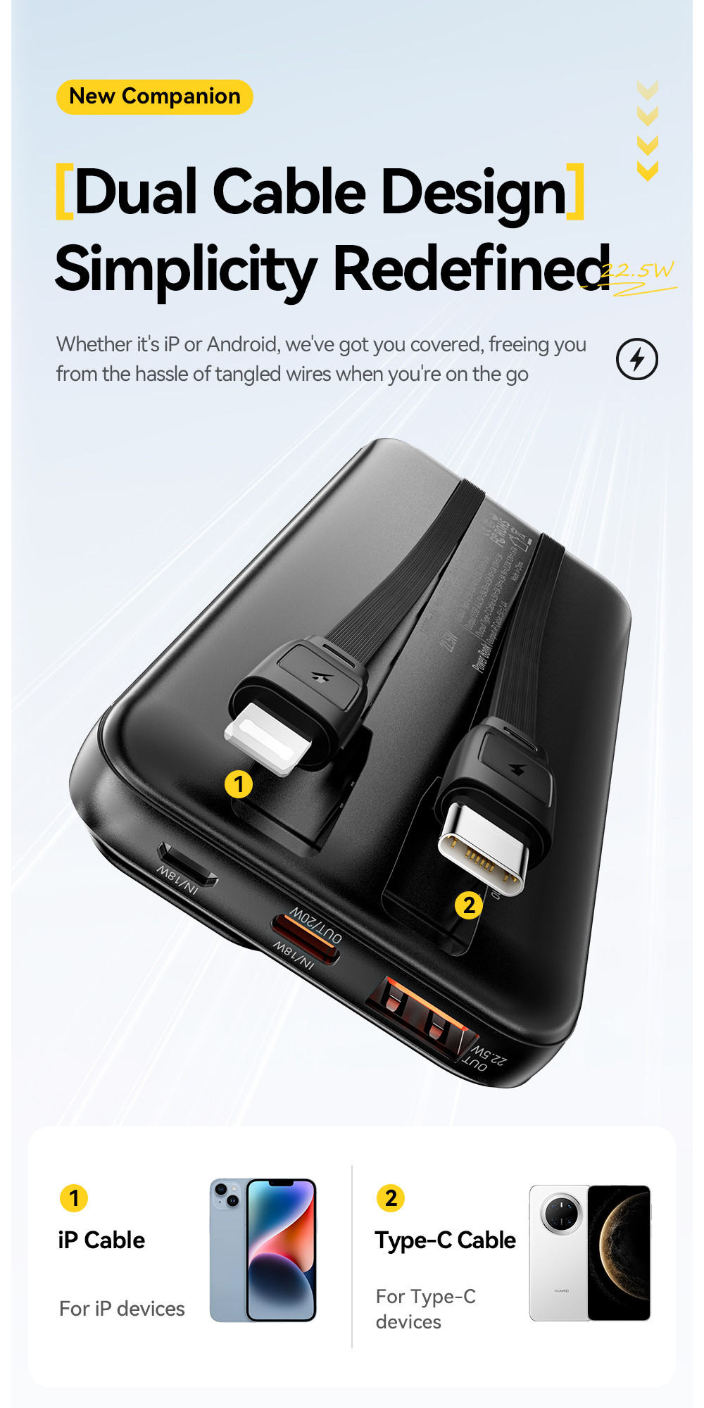 ESSAGER ES-D023 22.5W Digital Portable 10000mAh Power Bank with Cable